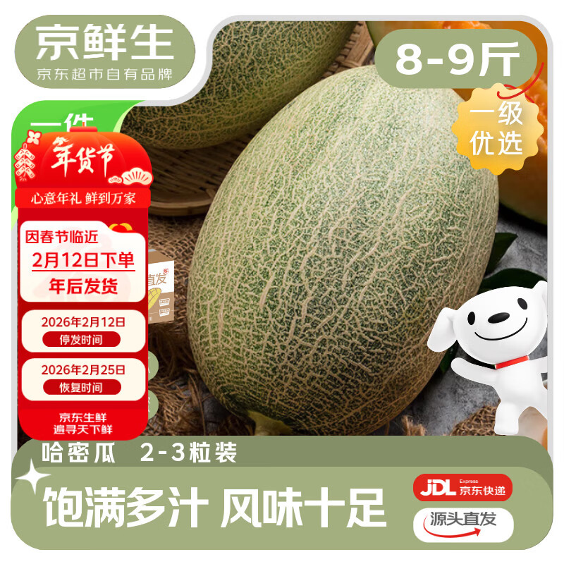 京鲜生 海南哈密瓜净重8-9斤 2-3粒装 单果2.5斤起  水果源头直发包邮