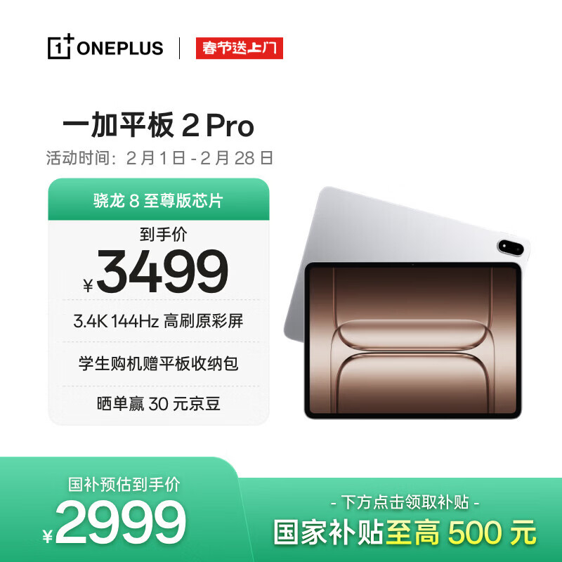 一加平板 2 Pro【国家补贴】13.2英寸平板电脑骁龙8至尊版芯片12GB+256GB 冰川银 游戏办公学生