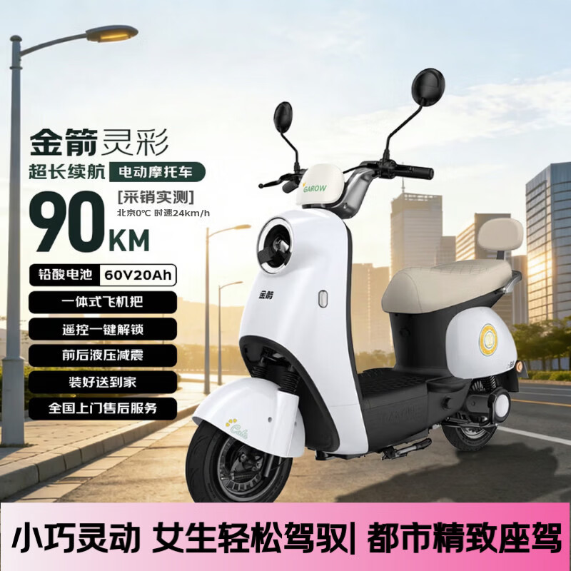 金箭电动摩托车 【人气爆款】灵彩60V20AH铅酸电池长续航800W大动力踏板电动轻便摩托车电动车米雾白