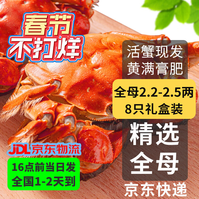 乾澄【活蟹】乾澄大闸蟹现货全母蟹2.2-2.5两 8只鲜活螃蟹海鲜过年送礼年货礼盒源头直发