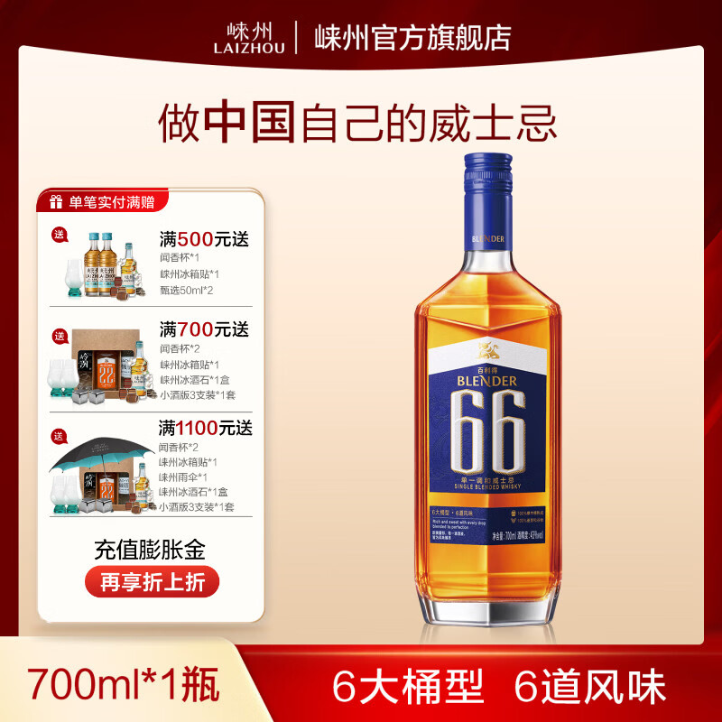百利得威士忌 66单一调和威士忌 洋酒 送礼佳选 700ml*1瓶 京东折扣/优惠券