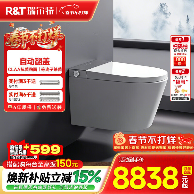 瑞尔特（R&T）壁挂智能马桶全自动翻盖等离子杀菌家用入墙式悬浮电动坐便器 HX5-高板 305/300mm