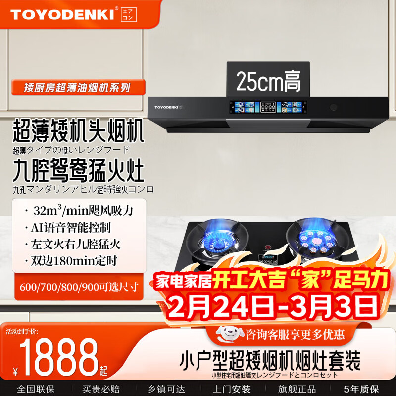 TOYODENKI日本東洋有限公司家用小户型公寓矮款油烟机不锈钢油烟机燃气灶套装厨房二件套超薄油烟机小尺寸   【600mm语音款黑武士烟灶套装】九腔鸳鸯定时灶