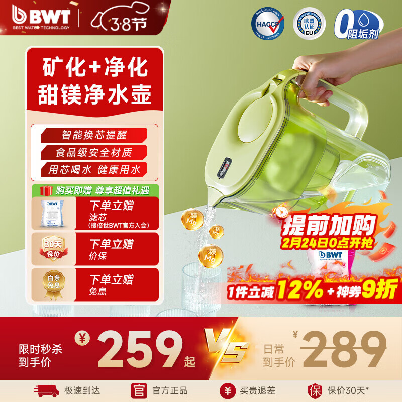 倍世（BWT） 德国甜镁净水壶过滤水净水器家用 欧洲进口滤芯去水垢增强55% 益家系列大容量过滤器 礼品送礼 【镁离子滤芯】1壶6芯 绿色