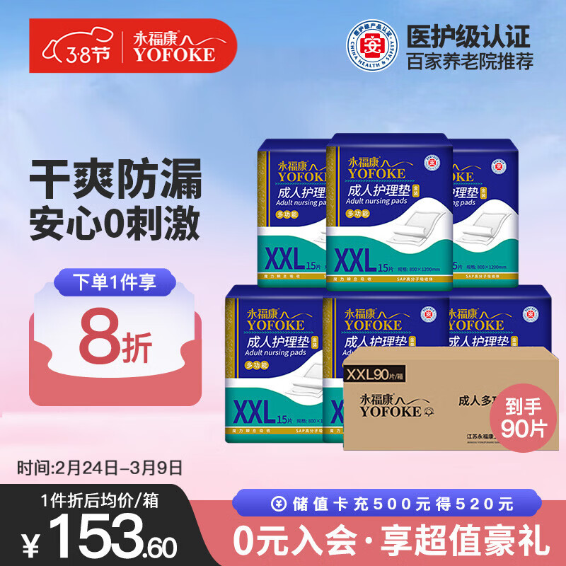 永福康成人护理垫XXL90片 尺寸80*120cm婴儿孕产妇床垫老人一次性隔尿垫