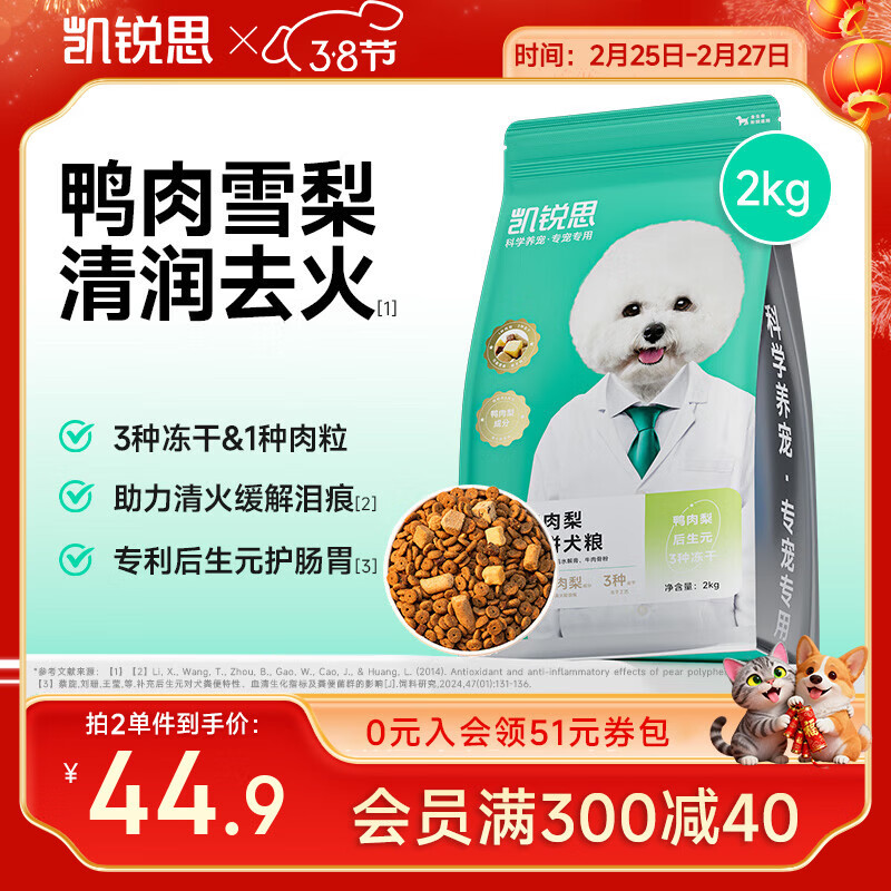 凯锐思泪痕专用 清火鸭肉梨五拼冻干狗粮通用犬粮中大型小型成犬幼犬2kg