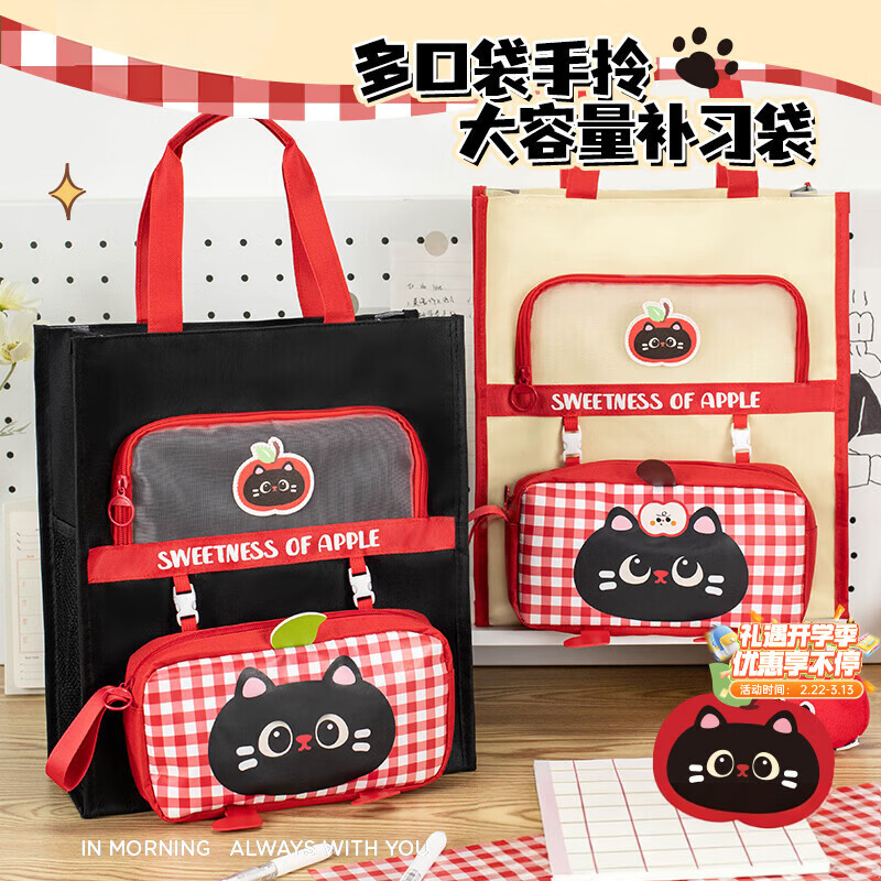 少年伴补习袋 学生用大容量手提袋高颜值可爱卡通黑猫收纳袋旅行收纳袋补习袋补课学生包 黑猫9773