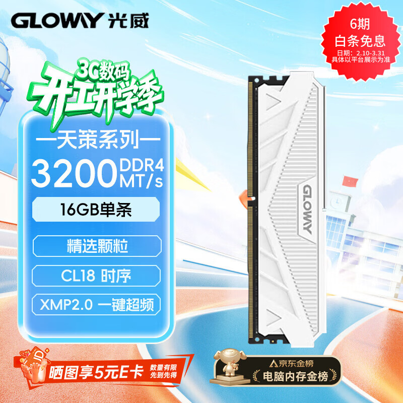 光威（Gloway）16GB DDR4 3200 台式机内存条 天策 马甲条 精选颗粒 CL18 皓月白