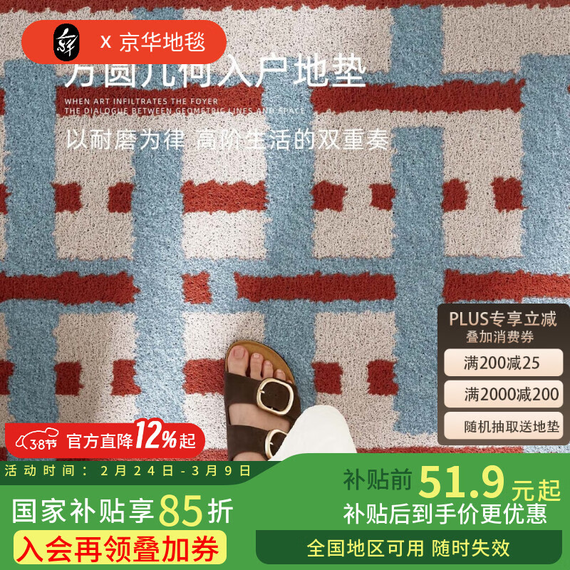 京华入户门地垫轻奢高级感丝圈进门门口玄关脚垫免洗可擦耐磨耐脏门垫 叠影格80用户的选择 50cm*80cm 蹭土除尘
