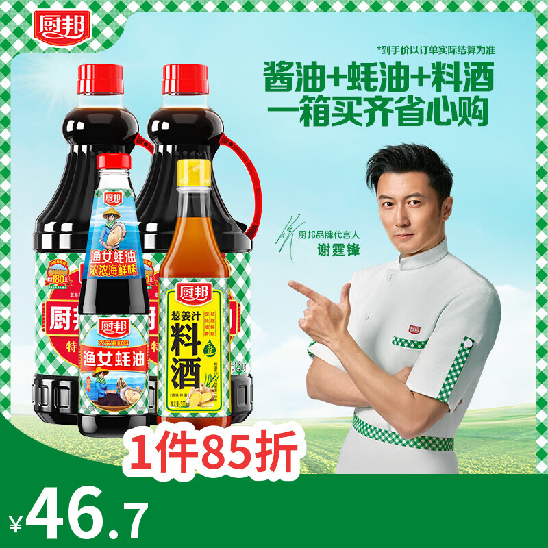 厨邦酱油 经典系列 生抽酱油1.5kg*2+蚝油490g+料酒500ml 调料套装