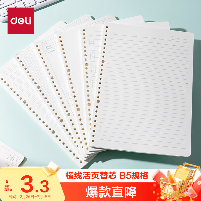 得力（deli）文具B5/60张活页本替芯26孔笔记本子活页纸考研复习作业本横线单本NB560-2