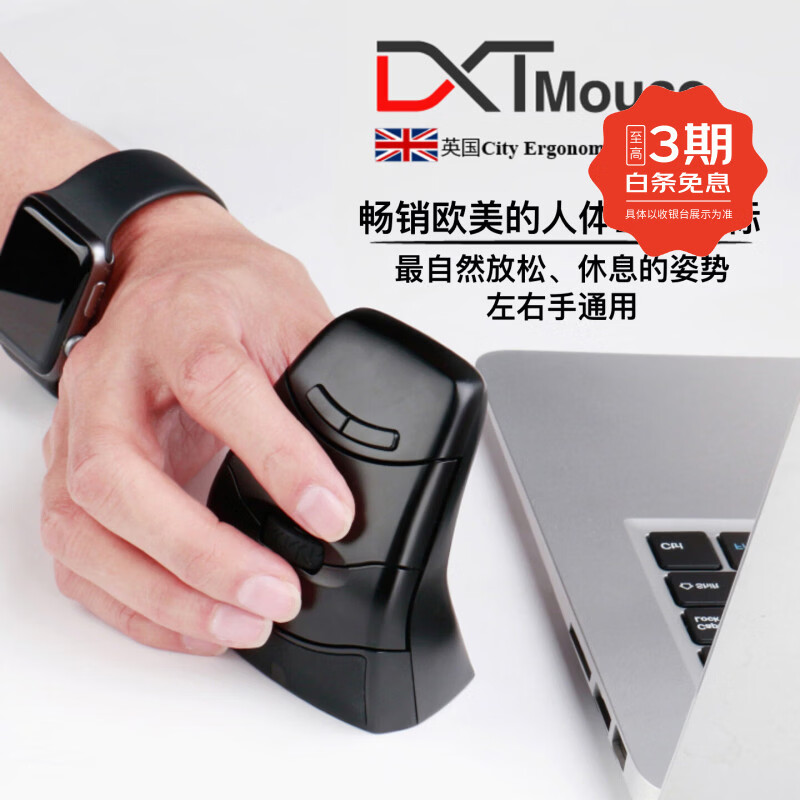 DXTErgo英国DXT左右手通用2.4G无线静音人体工学办公手腕疼腱鞘炎鼠标手小手女生垂直鼠标 2.4G无线静音暗夜黑 大小手通用型