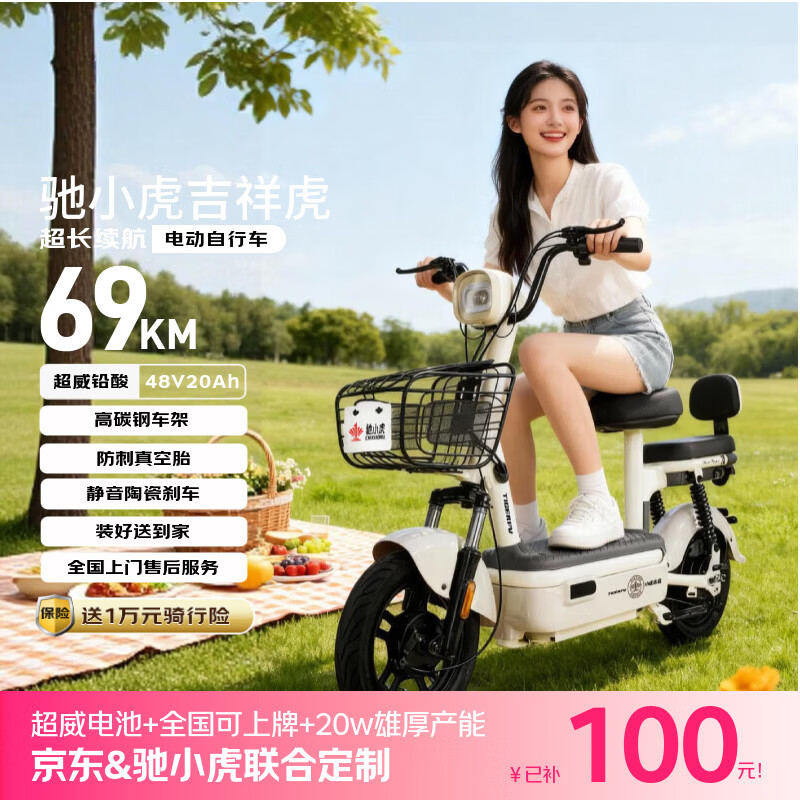 驰小虎电动自行车 吉祥虎新国标电动车电动自行车48V20Ah电池长续航电瓶车代步车电车白