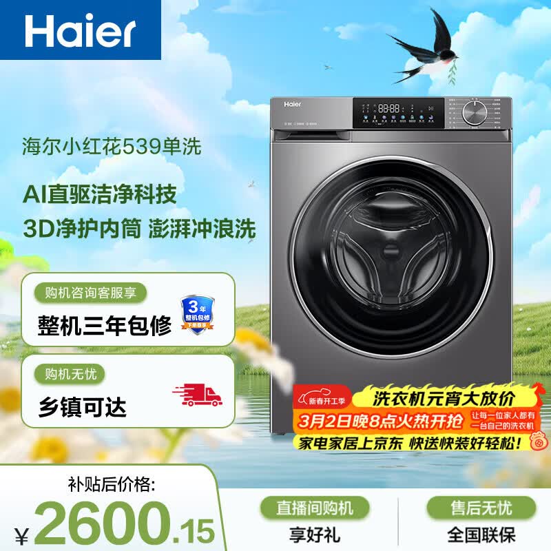 海尔（Haier）小红花 全自动滚筒洗衣机10KG 超薄直驱 冲浪洗 减震降噪 家电京东自营 XQG100-BD539S