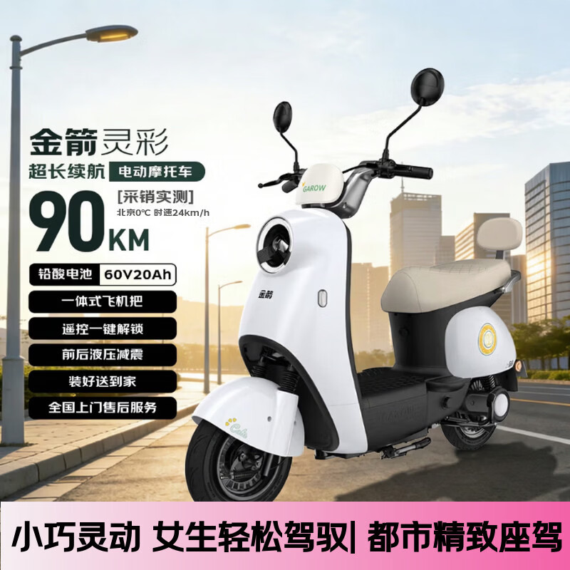 金箭电动摩托车 【人气爆款】灵彩60V20AH铅酸电池长续航800W大动力踏板电动轻便摩托车电动车米雾白
