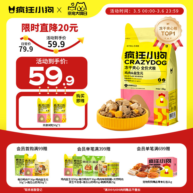 疯狂小狗小耳朵冻干夹心狗粮泰迪比熊中小型幼成犬通用护肠胃1.5kg犬粮3斤