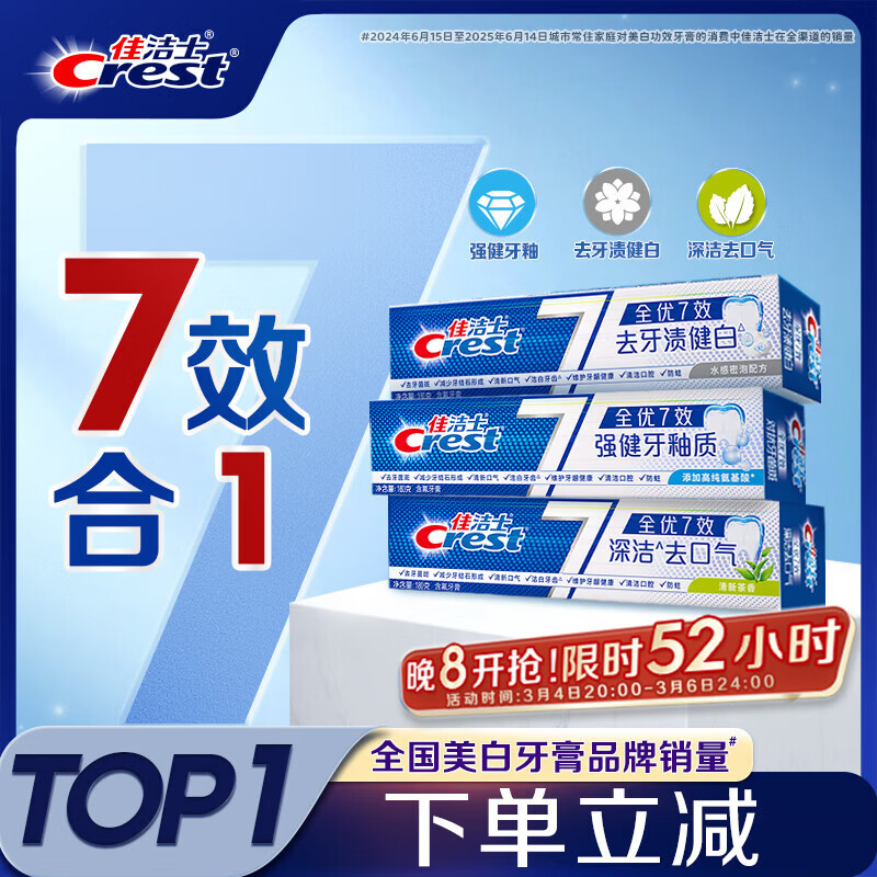 佳洁士全优7效固齿护龈美白清口含氟防蛀牙膏3支共540g京东自营