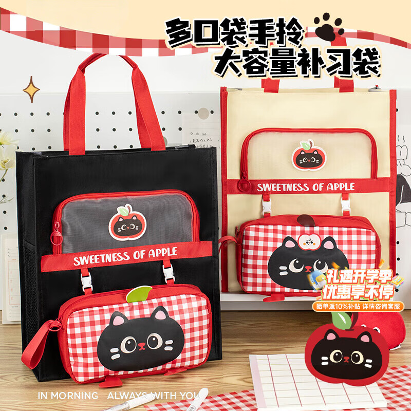 少年伴补习袋 学生用大容量手提袋高颜值可爱卡通黑猫收纳袋旅行收纳袋补习袋补课学生包 黑猫9773
