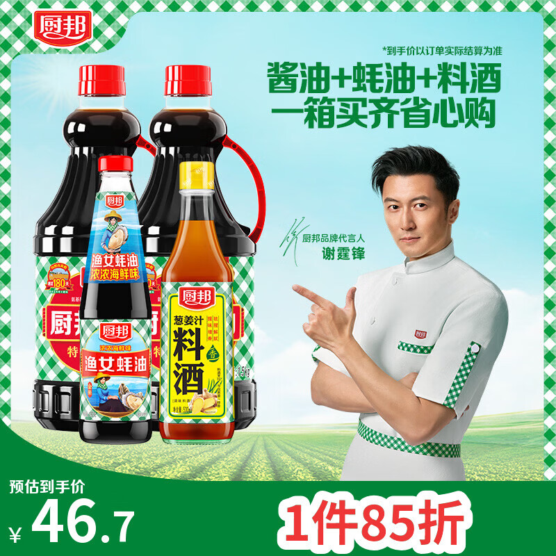 厨邦酱油 经典系列 生抽酱油1.5kg*2+蚝油490g+料酒500ml 调料套装