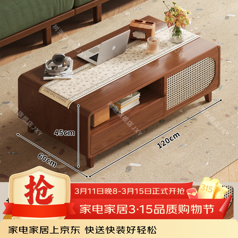 树浩茶几客厅茶桌茶台出租房置物架电视柜组合小户型储物柜简约风桌子 胡桃色-藤编款式【茶几】120双门双抽款