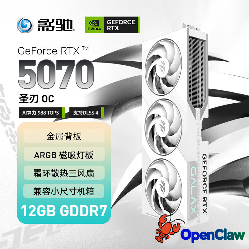 影驰 GeForce RTX 5070 圣刃 OC 12GB GDDR7 DLSS 4 游戏设计剪辑OpenClaw龙虾本地部署养龙虾显卡