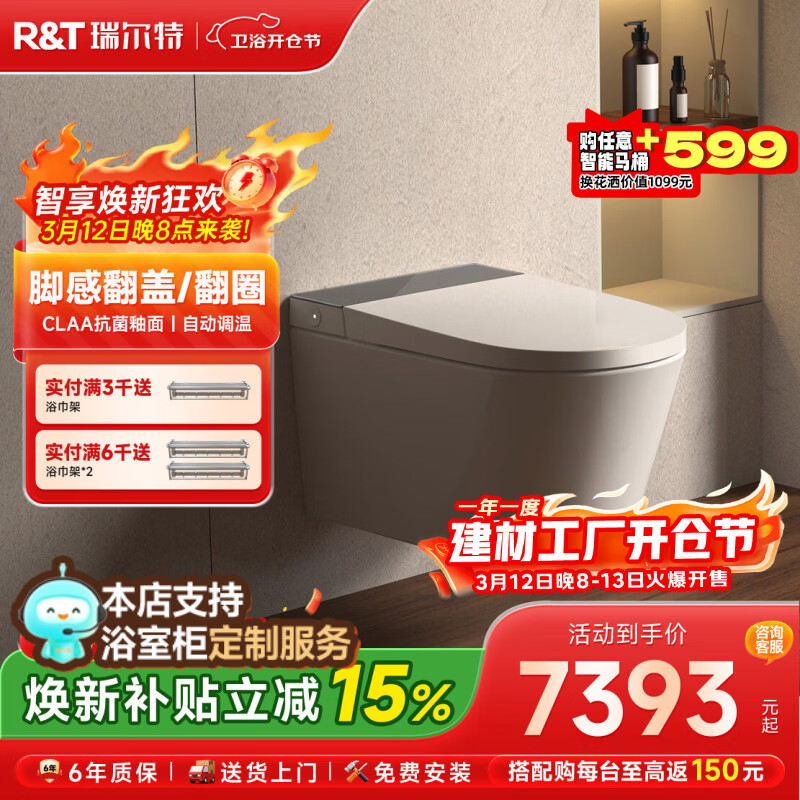 瑞尔特（R&T）壁挂智能马桶全自动翻盖等离子杀菌家用入墙式悬浮电动坐便器 HX5M-高板 305/300mm
