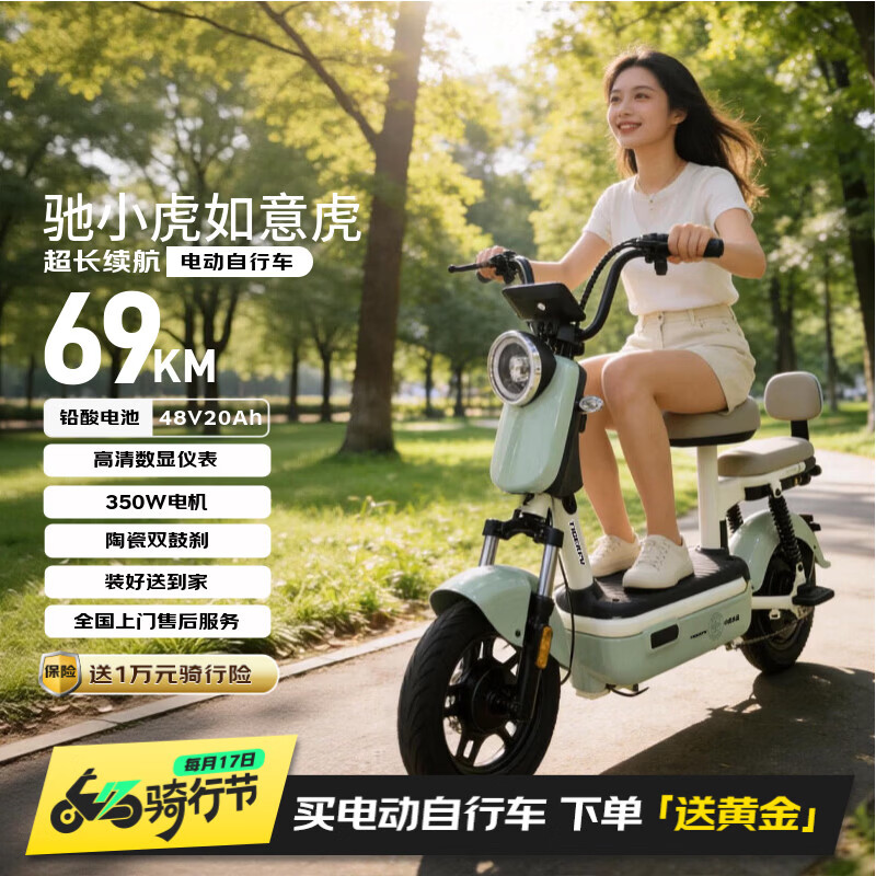 驰小虎电动自行车 如意虎新国标电动车电动自行车48V20Ah电池长续航电瓶车代步车电车【上不了牌包退】绿