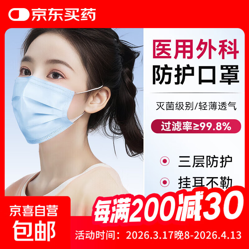 一次性医用外科口罩灭菌级挂耳式三层防护轻薄款透气防沙尘雾霾 成人外科口罩【10只】10只/袋