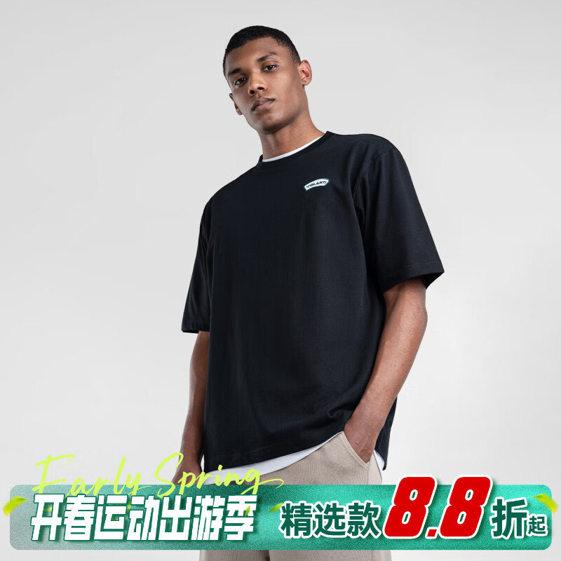 沃兰迪美式纯棉运动短袖圆领半袖T恤速干休闲素色男女同款透气夏季款 黑色 M