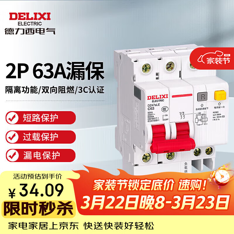 德力西电气空开断路器空气开关漏电保护开关DZ47sLE 2P 63A
