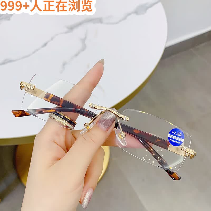 最美夕阳红老花镜德国品质新款无框气质时尚切边抗防蓝光老人眼镜金属老人镜 玳瑁腿 防蓝光老花100度