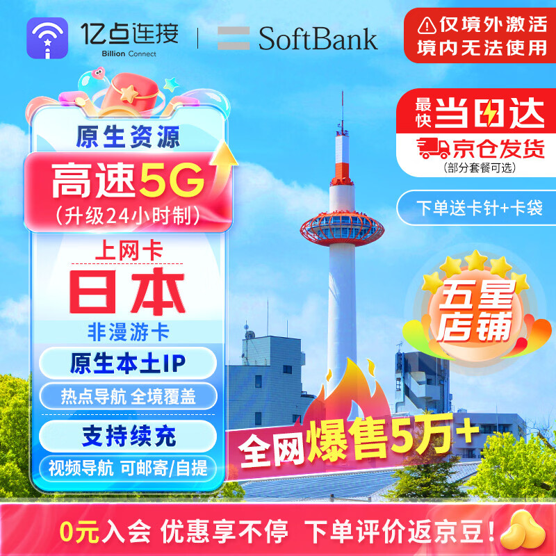 日本电话卡手机上网卡5G/4G高速网络含无限流量旅游sim卡包邮 3天 1GB/天【免税券+升级5G】 上网卡