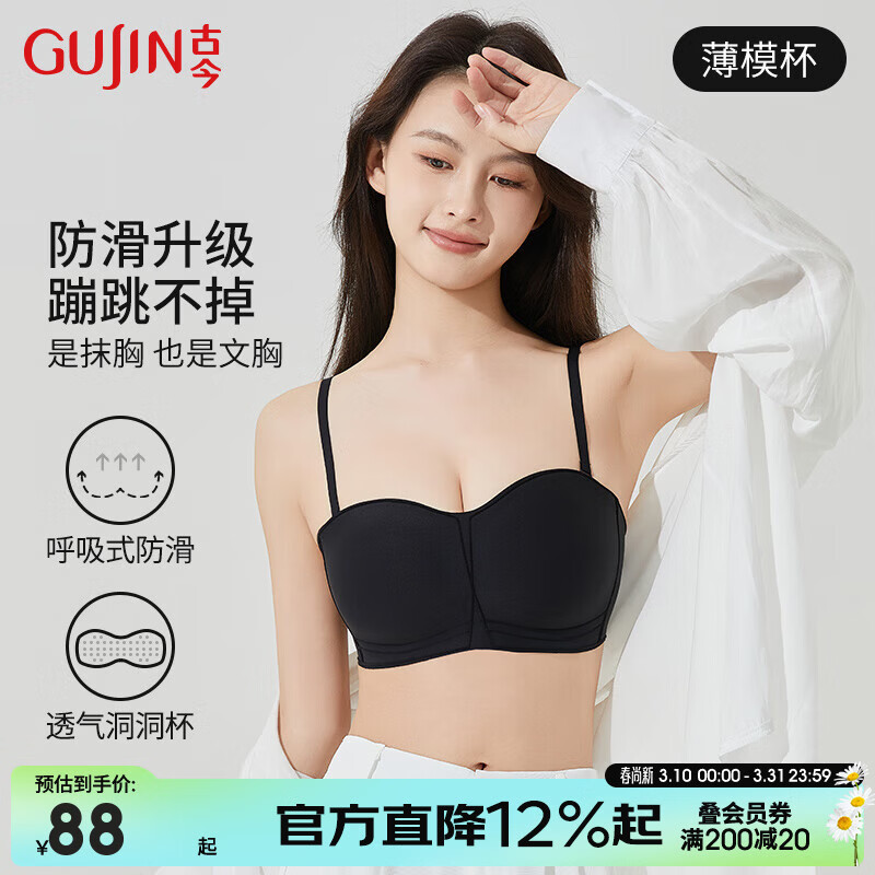 古今无痕无钢圈隐形防滑抹胸礼服结婚文胸小胸聚拢可拆卸肩带内衣 经典黑【单件装】 M (70A/70B/75A/75B)