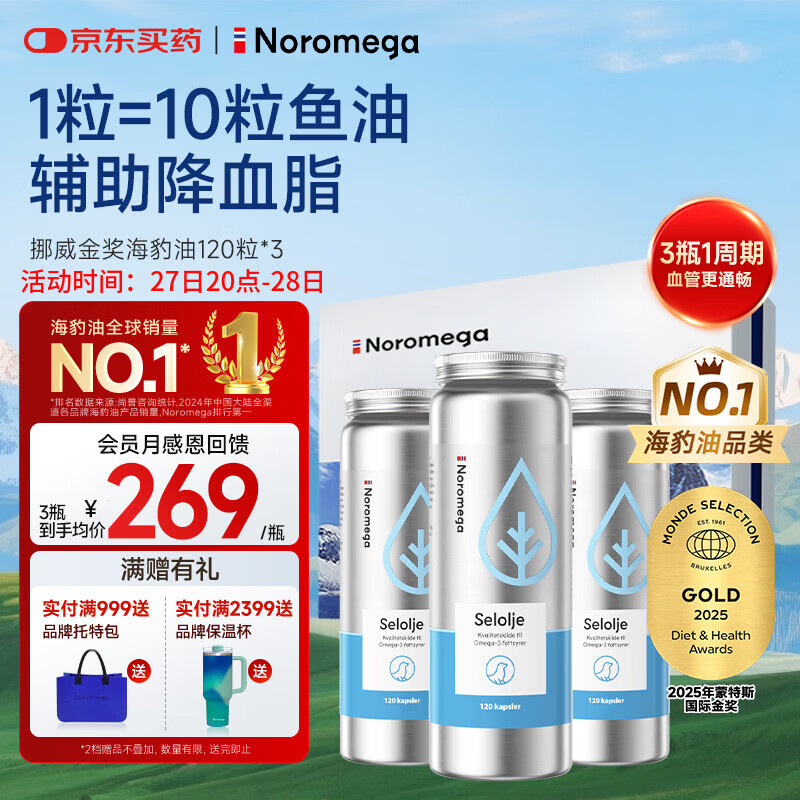 NOROMEGA海豹油礼盒深海高纯鱼油omega3成人dha心脑健康辅助降血脂120粒*3