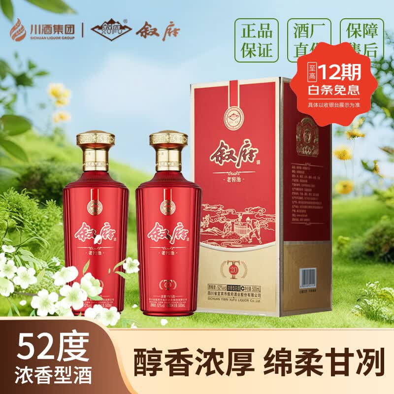 叙府52度浓香型纯粮酒年货送礼 礼盒整箱精品白酒 A 52度 500mL 2瓶 【叙府·老窖池T20 2瓶送礼袋】