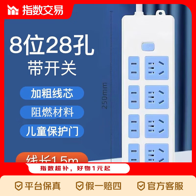 【京东物流】经典蓝白插座插排插线板排插安全耐用新国标纯铜高温阻燃多孔位家用宿舍办公 八位28孔 线长1.5