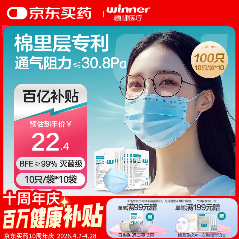 稳健医用外科口罩夏季透气亲肤灭菌级防花粉过敏口罩10只*10袋100只