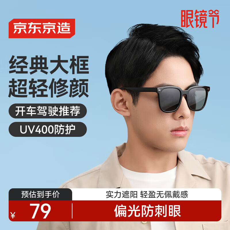 京东京造经典黑框TAC偏光太阳镜开车骑行防晒护目眼镜墨镜男女款 黑灰