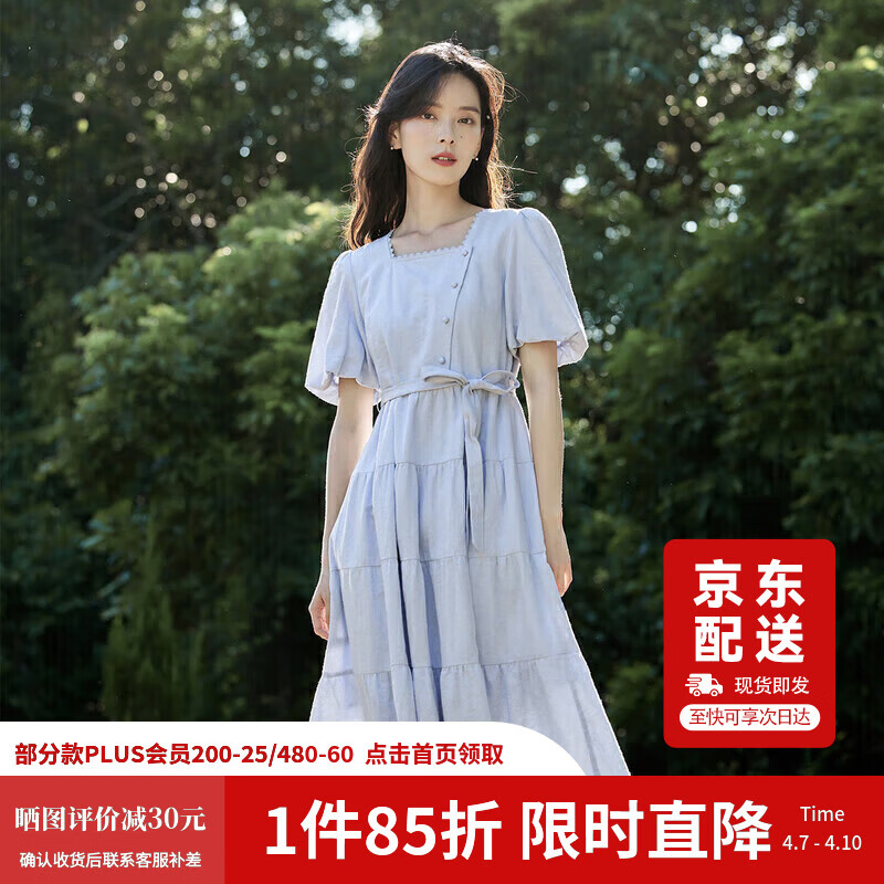 茵曼（INMAN）夏季法式收腰提花肌理女装方领连衣裙文艺风泡泡袖裙子 蓝色 M