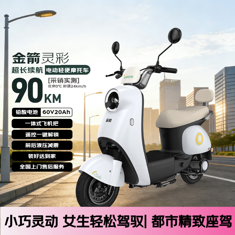 金箭电动摩托车 【人气爆款】灵彩60V20AH铅酸电池长续航800W大动力踏板电动轻便摩托车电动车米雾白