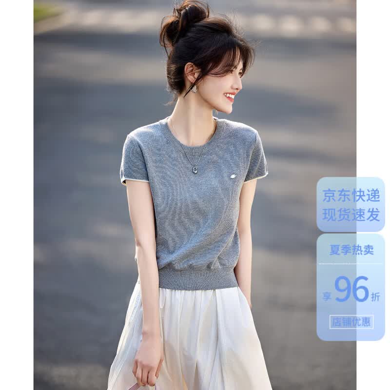 尚静短袖针织衫女夏季新款女装小个子短款简约修身显瘦百搭体恤上衣女