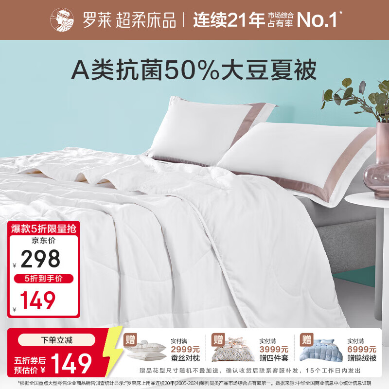 罗莱家纺A类50大豆被抗菌可机洗水洗夏被空调被 舒柔A类大豆纤维抗菌水洗夏被 200cm*230cm