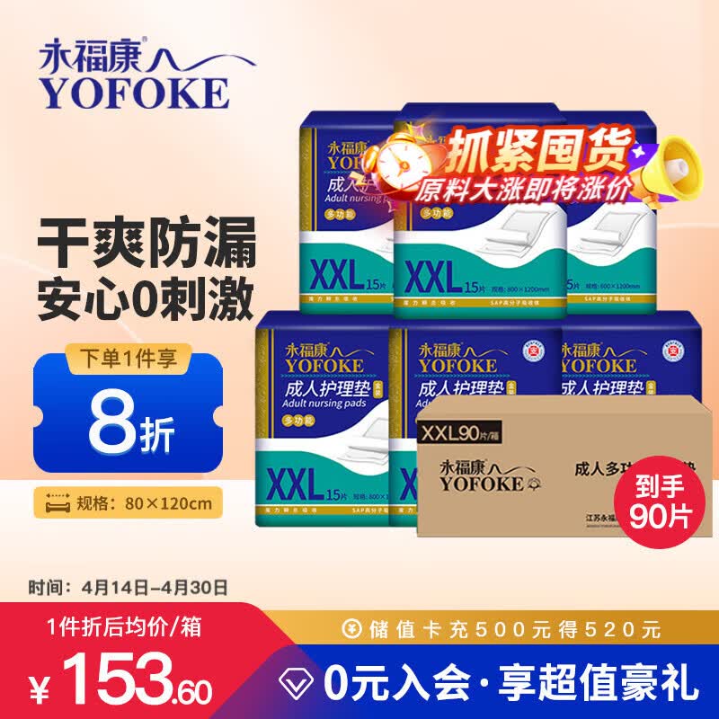 永福康成人护理垫XXL90片 尺寸80*120cm婴儿孕产妇床垫老人一次性隔尿垫