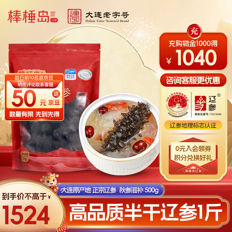棒棰岛大连半干海参深海辽参辽刺参海鲜水产孕妇滋补品老人送礼礼品特产 500g 40-50只一家三口选择 简装