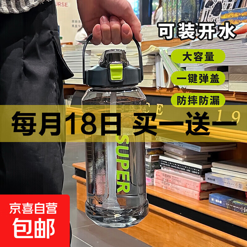 2L塑料水杯超大容量成人吸管杯子男女便携运动水壶户外健身房工地 黑灰色2000ml