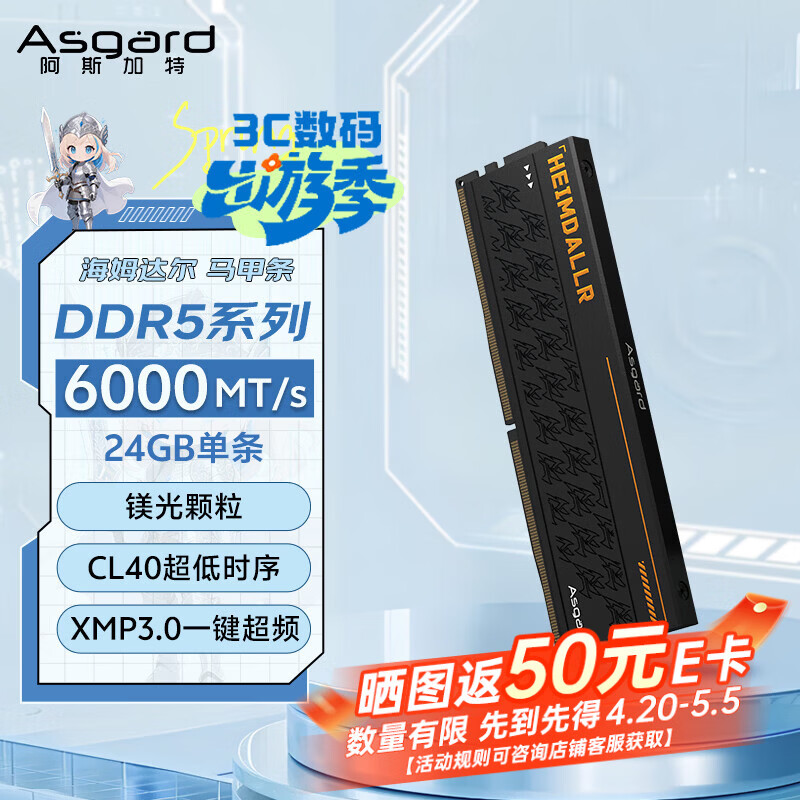 阿斯加特（Asgard）24GB DDR5 6000 台式机内存条 海姆达尔 马甲条 镁光颗粒 CL40 黑厚甲 AI电脑配件升级