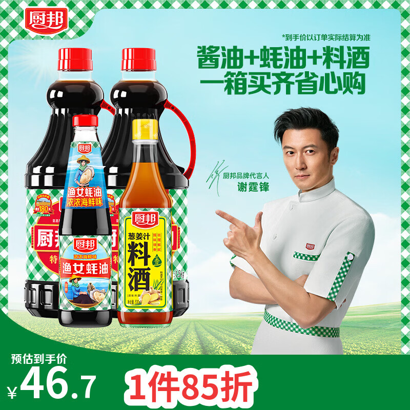 厨邦酱油 经典系列 生抽酱油1.5kg*2+蚝油490g+料酒500ml 调料套装