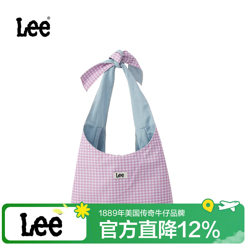 Lee格子帆布包新款2026单肩百搭通勤托特大容量休闲上课双面包包 粉色 双面托特
