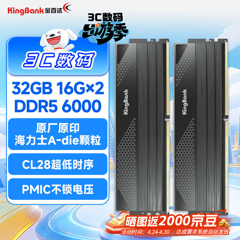 金百达（KINGBANK）32GB(16GBX2)套装 DDR5 6000 台式机内存条海力士A-die颗粒 星刃黑 C28 Deepseek硬件