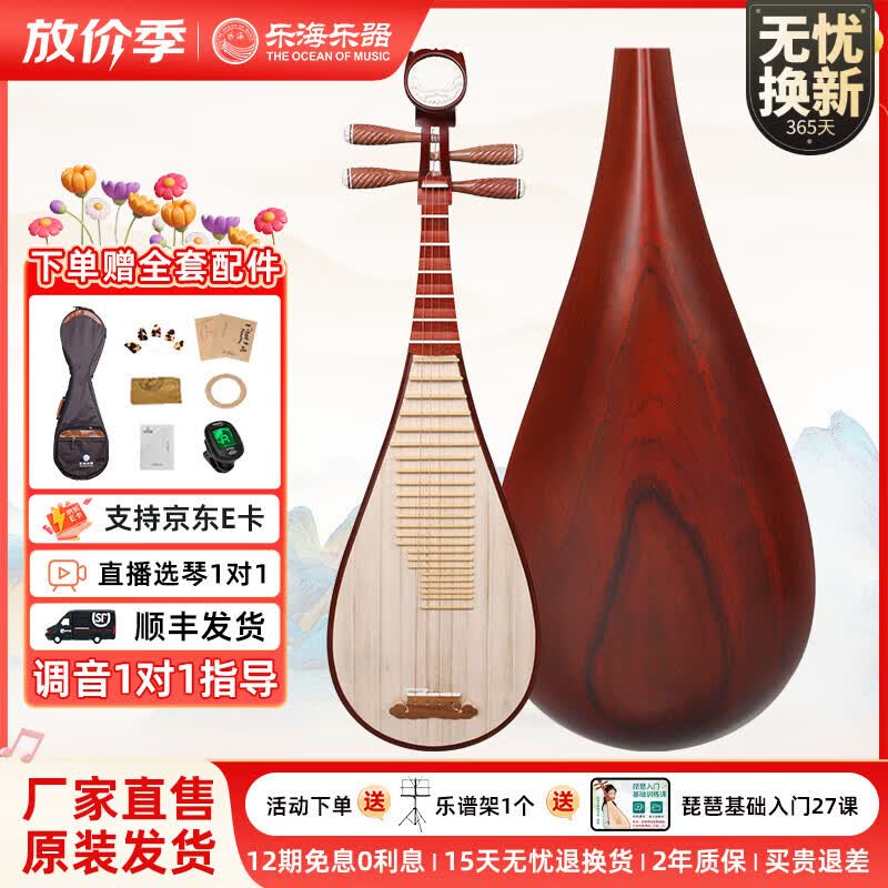 乐海 琵琶初学考级演奏非洲紫檀木花开富贵头饰花梨木琵琶 直播选琴 素面典雅DJ12-2